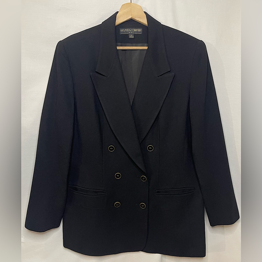 Kasper & Company ASL Black Double Breasted Wool Blazer Jacket, Size 12